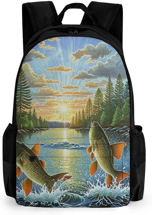 Supdreamc Backpack Polyester Anti-Theft Multipurpose Two Fish Jumping Out Of Water Art Bookbag Large Capacity Laptop Book Bag Rucksack With Side Pockets