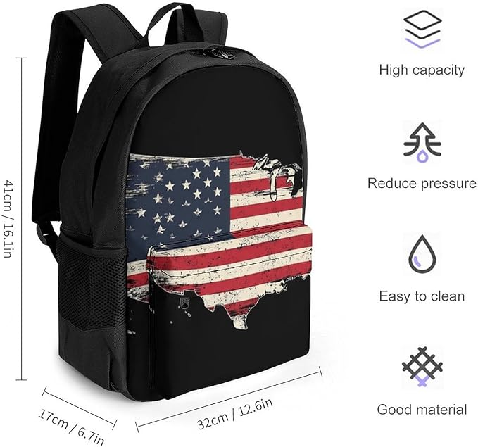 Supdreamc Polyester Daypack for Hiking Work Running, Big Capacity Anti-Theft Multipurpose Shoulder Bag, American Flag Patriotic Usa Map Travel and Sport Backpack Rucksack