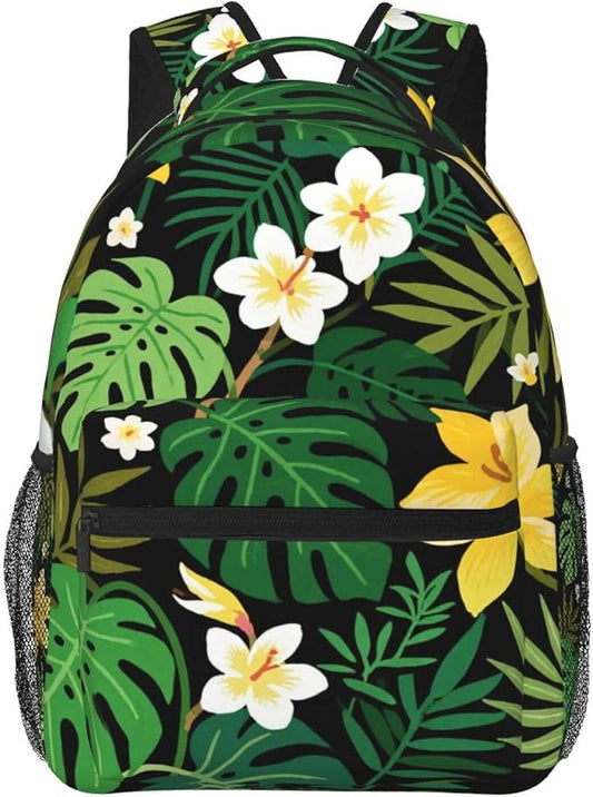 Men Women Lightweight Hawaii Tropical Flowers And Jungle Palms Art Casual Daypack Big Capacity Bookbag With Padded Straps for Gym Travel Walking Cycling