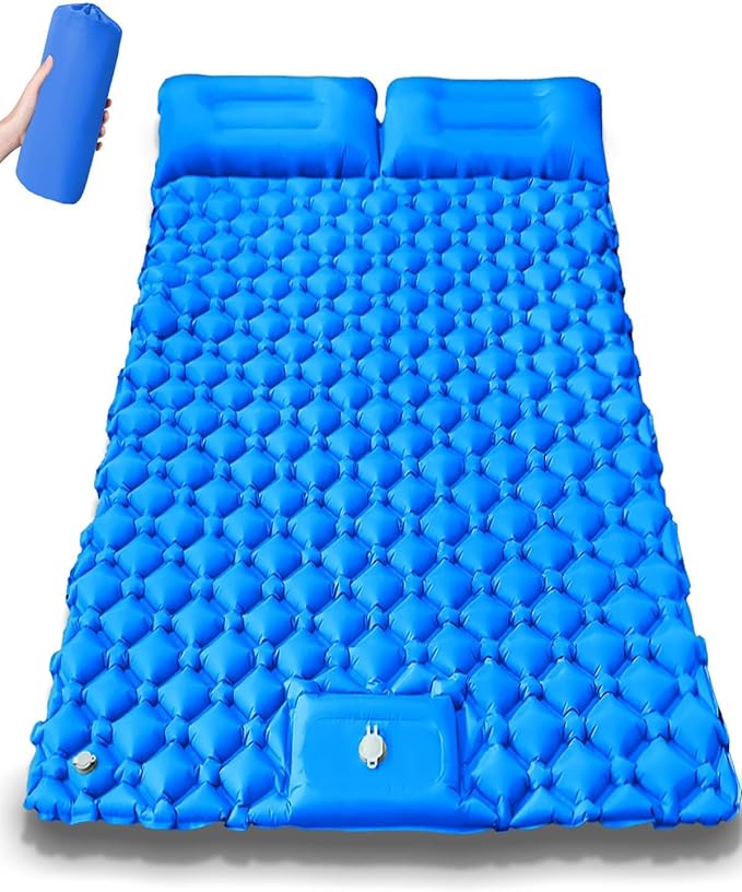 Lounge Mat - Your Portable Chill Zone Thick Memory Foam Sleeping Pad for Outdoor Camping Self Inflating Air Mattress with Pump Folding Backpacking Bed Mat Hiking Essentials Gear(Double-Blue)