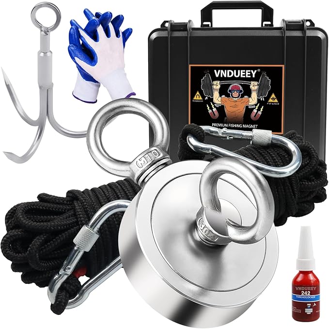 VNDUEEY 1000 LBS Fishing Magnet Kit, Magnet Fshing Kit-Includes Grappling Hook, Heavy Duty 65FT Rope, Gloves & Locking Carabiner - 2.95inch Diameter