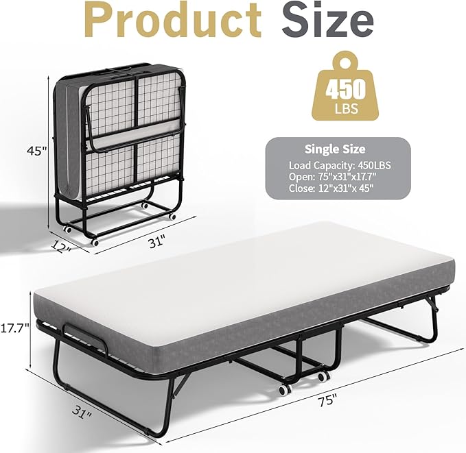 Folding Bed with Mattress for Adults,Roll Away Foldable Bed, Portable Rollaway Bed with 5-inch Memory Foam Mattress & Sturdy Metal Frame, Space-Saving Easy Storage,75"x 31"