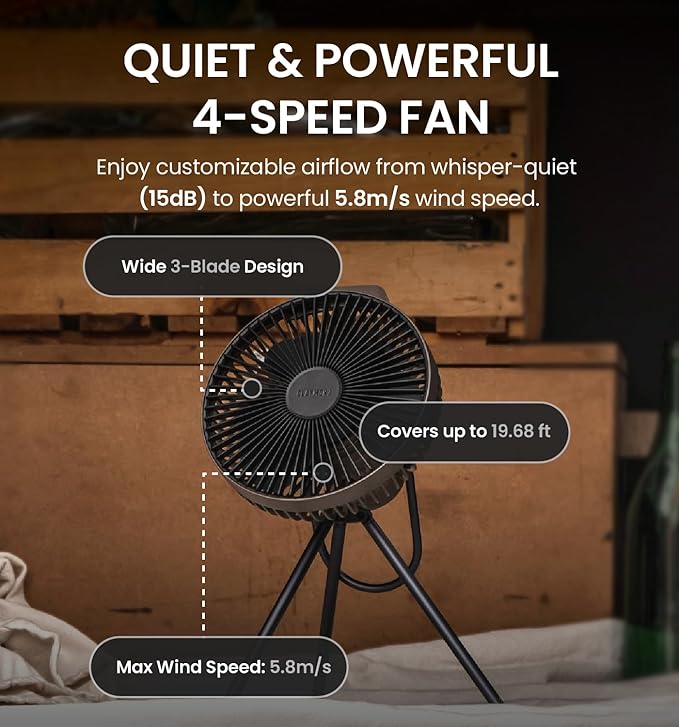 Claymore V600+ Warm Gray Rechargeable Portable Fan – 7,800mAh Battery, 4-Speed BLDC Ultra-Quiet Air Circulator USB-C Charging 32 Hrs Runtime Tripod Mountable Adjustable for Camping, Indoor, Outdoor