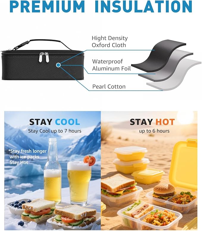 Small Lunch Box Insulated Lunch Bag for Women Men, Bento Kids Lunch Box, Compact Portable Thermal Meal Cooler Bags with Buckle Handle for Work & School, Black 5L