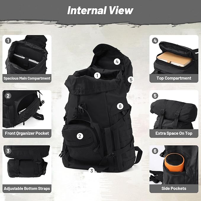 50L Tactical Backpack for Men and Women, Water-Resistant Molle Rucksack, Large Military Assault Pack for Hiking, Hunting, Camping, Gym & Outdoor Survival Black
