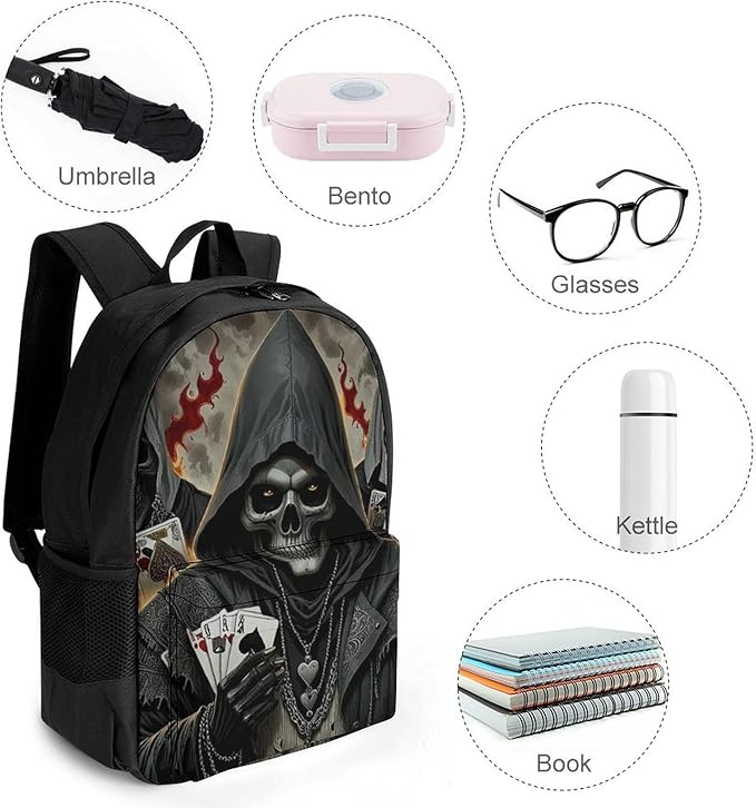Backpack Polyester Anti-Theft Multipurpose Skull Fire Poker Cards Bookbag Large Capacity Laptop Book Bag Rucksack With Side Pockets