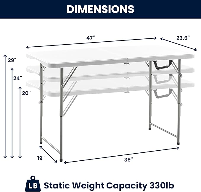 BTEXPERT Set of 5, 4ft Folding Utility Table Fold-in-Half Lightweight Height Adjustable Portable Carrying Handle Indoor Outdoor Picnic Camping Office Home Party Easy to Clean Store White Set of 5