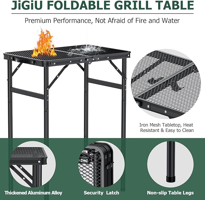 Folding Grill Table with Mesh Desktop Lightweight & Portable Camping Table Outdoor Grill Tables Aluminum Alloy Foldable Grill Table 3 Height Adjustable for Camping Picnic Cooking BBQ