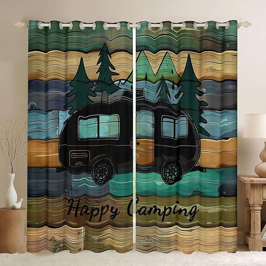 jejeloiu Happy Camping Blackout Curtains 30%-50% Vintage Darkening Drapes for Bedroom Living Room Decor Cartoon Camping Car Thermal Insulated Shades Window Treatments, 2 Panels 38 x 54 Inch