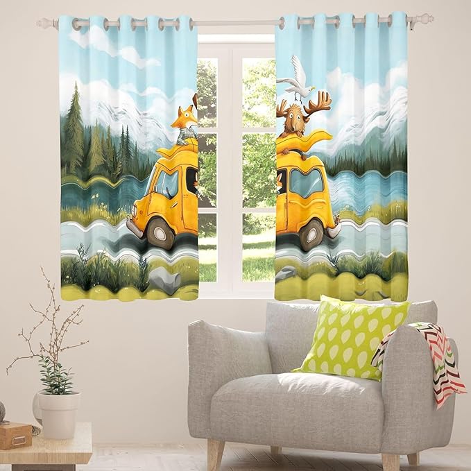 Manfei Camper Camping Kids Blackout Curtains,RV Trailer Adventure Fox Wildlife Window Drapes,Pine Tree Mountain Lake Farmhouse Boys Girls Room Decor,Rustic Green 2 Panels,38Wx54L inch