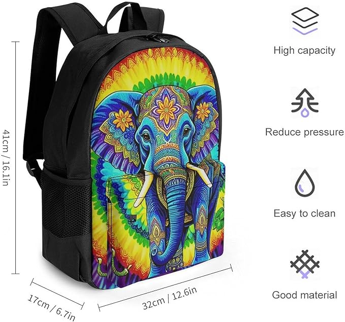 Supdreamc Daypack Backpack Anti-Theft Multipurpose Large Capacity Carry On Bag, Tie Dye Elephant Traveling Camping Backpack With Side Pockets