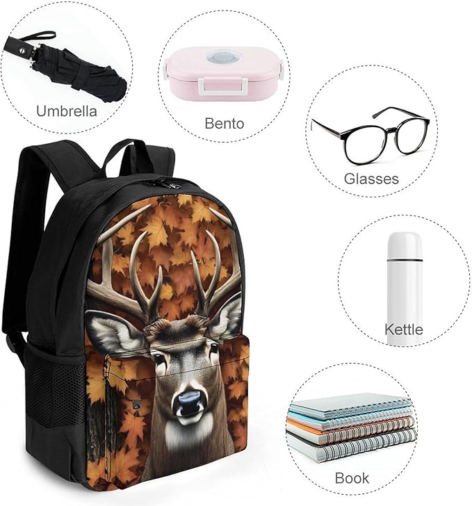 Supdreamc Men Women Polyester Fall Maple Leaves Hunting Camo Tree Deer Backpack Large Capacity Bookbag With Smooth Zippers for Climbing Picnic Bicycle