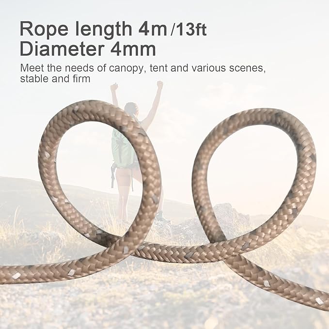8 Pack High-Reflective Guy Lines 4mm Tent Cords High-Strength Lightweight Camp Ropes with Aluminum Adjuster Tensioner for Tent, Tying Down Tarps, Camping, Outdoor Packaging (Khaki)