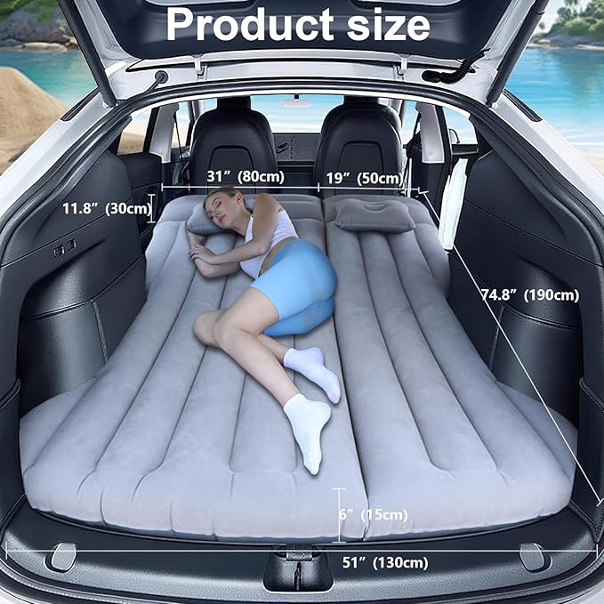 Car Air Mattress, Inflatable Bed Compatible with Tesla Model Y, Thickened Comfortable Durable, Foldable Mattress for Trunk/Rear Seat, Air Bed for Sleeping Camping Travel (Grey)