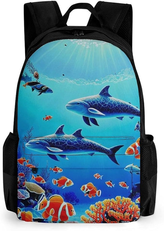 Daypack Anti-Theft Multipurpose Large Capacity Shoulder Bag, Colorful Sea Ocean World Dolphin Tropical Fishes Coral Travel Hiking Camping Rucksack With Smooth Zippers