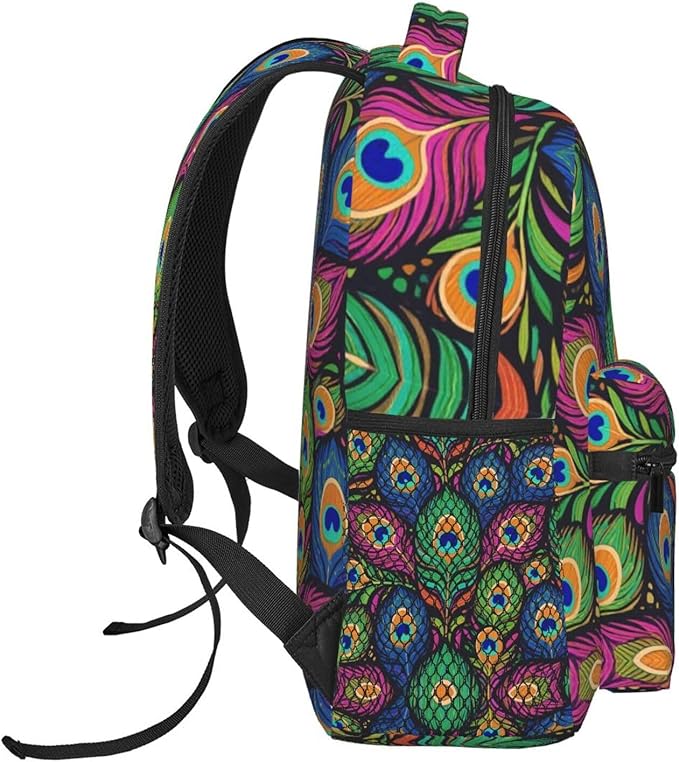 Men Women Lightweight Chic Animal Beautiful Peacock Feather Art Casual Daypack Big Capacity Bookbag With Padded Straps for Gym Travel Walking Cycling