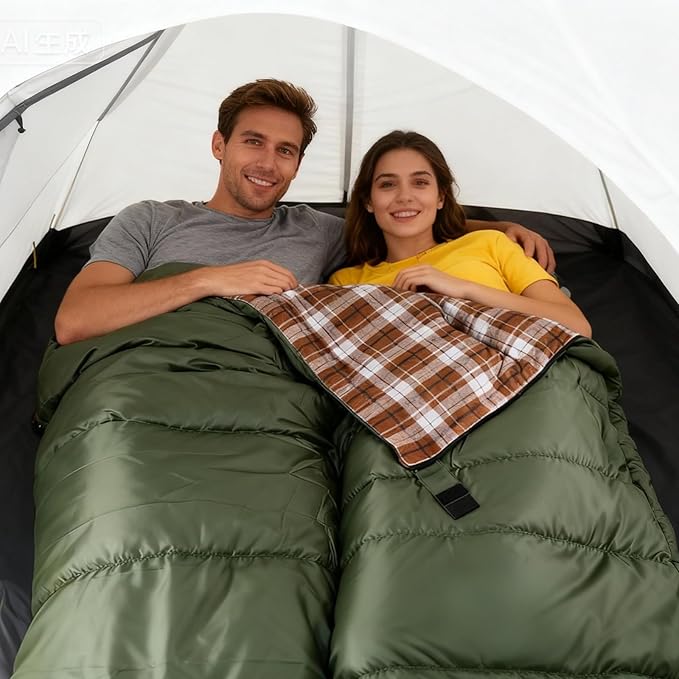 Double Sleeping Bag Cotton Flannel for Camping, Backpacking Or Hiking. Waterproof Queen Size Two Person Sleeping Bags for Adults Or Teens. Lightweight with Compression Sack