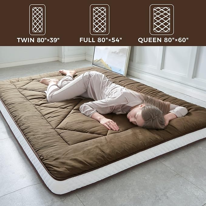 Japanese Floor Futon Mattress - Thicken Sleeping Pad, Foldable & Portable Roll Up Camping Mattress, Coffee Twin