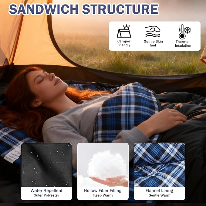 Double Sleeping Bag Cotton Flannel for Camping, Backpacking Or Hiking. Waterproof Queen Size Two Person Sleeping Bags for Adults Or Teens. Lightweight with Compression Sack