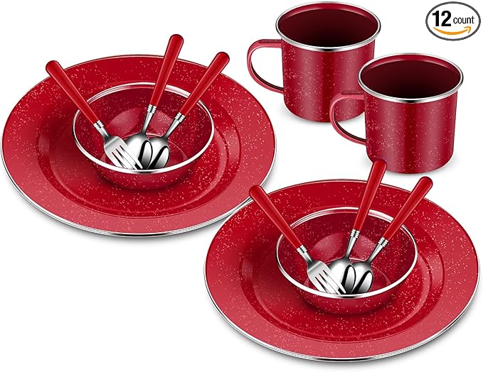 Nuogo 12 Pcs Enamel Camping Tableware Set Dinnerware Kit Includes 12 oz Coffee Mugs Camping Plates Bowls and Utensils Set with Knife Fork Spoon for 2 People Hiking Picnic Outdoor