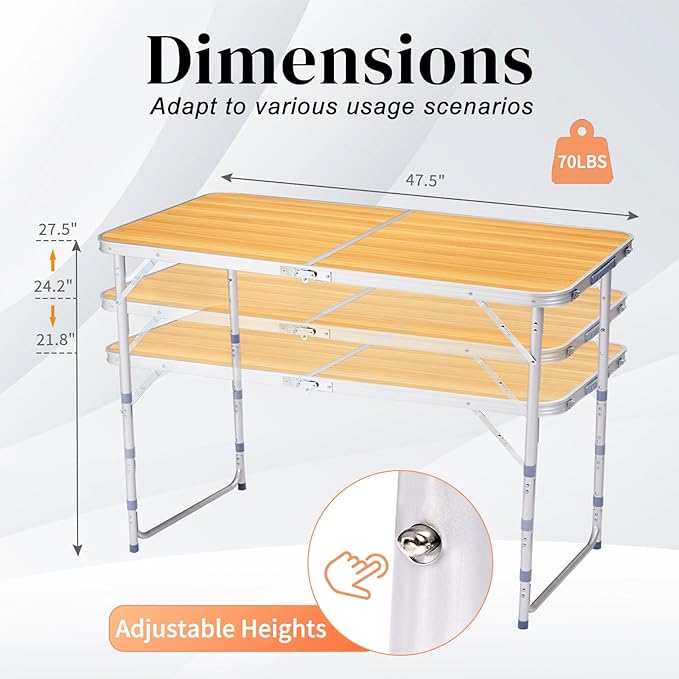 4.0 Ft Folding Portable Camping Table with Three Adjustable Heights, RV Tables for Inside a Camper, Outdoor, BBQ, Dining, Picnic, Beach, Garden, Party, Yellow