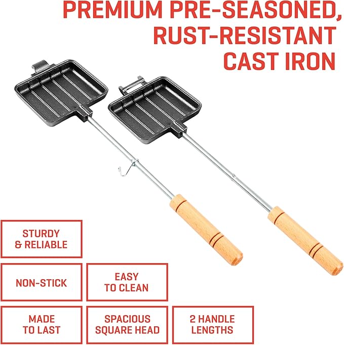 Uno Casa Pie Iron Sandwich Maker - Japanese Sandwich Maker with Recipe Book - Durable Campfire Cooking Equipment for Grilled Pies - Heavy Duty Cast Iron for Outdoor and Camping Adventures