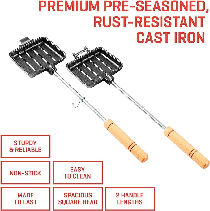 Uno Casa Small Double Pie Iron Sandwich Maker Set of 2 - Japanese Sandwich Maker with Recipe Book - Durable Campfire Cooking Equipment for Grilled Sandwiches, Pies, and Breakfast Treats