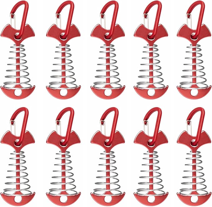 Fishbone Deck Anchor Pegs with Carabiners, Aluminium Tent Stakes with Spring Buckle, Windproof for Outdoor Camping Hiking (10Pcs Red)