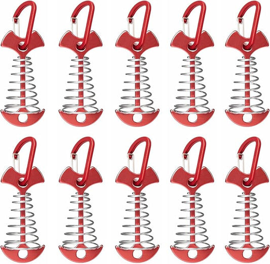 Fishbone Deck Anchor Pegs with Carabiners, Aluminium Tent Stakes with Spring Buckle, Windproof for Outdoor Camping Hiking (10Pcs Red)