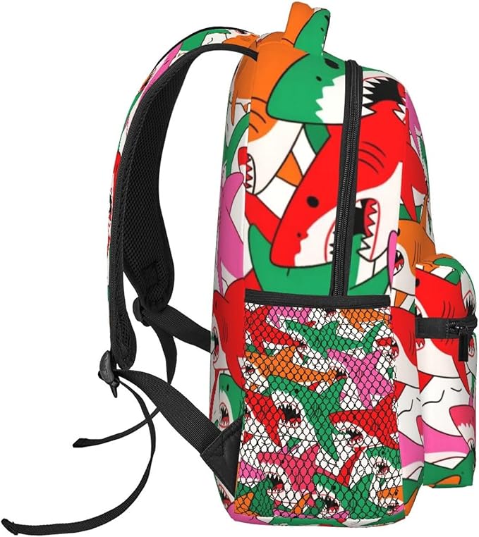 Men Women Polyester Colorful Shark Art Casual Daypack Large Capacity Carry On Bag With Adjustable Shoulder Straps for Camping Work Running