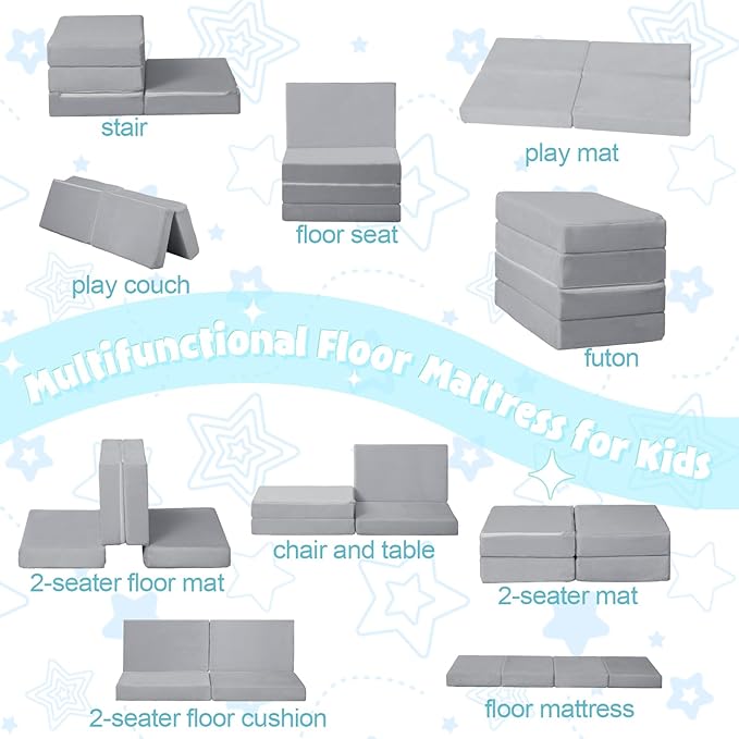 MeMoreCool Kids Folding Mattress, Trifold Mat Foldable Floor Mattress with Washable Cover and Carry Bag, Portable Foam Floor Mat for Kids, Daycare, Sleepover, Camping and Travel, Light Grey