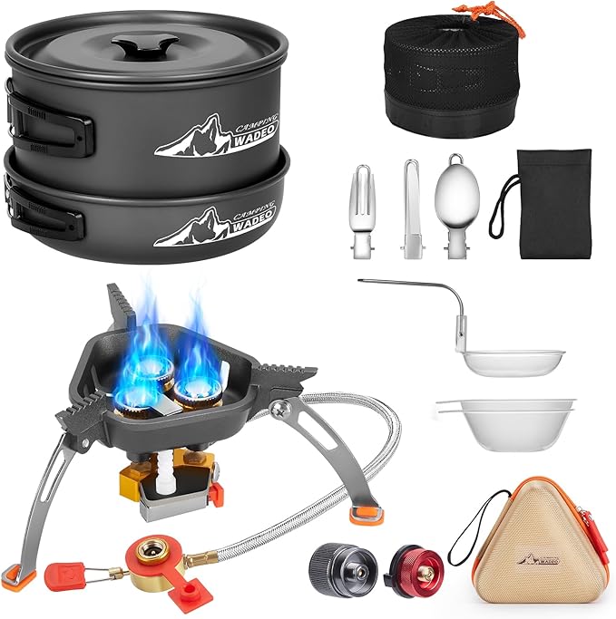 WADEO Camping Cookware Mess Kit with 7200W Camping Stove, 14PCS Non-Stick Camping Pot Pan Set with Stainless Steel Fork Knive Spoon for Camping Backpacking Hiking Outdoor Cooking and Picnic