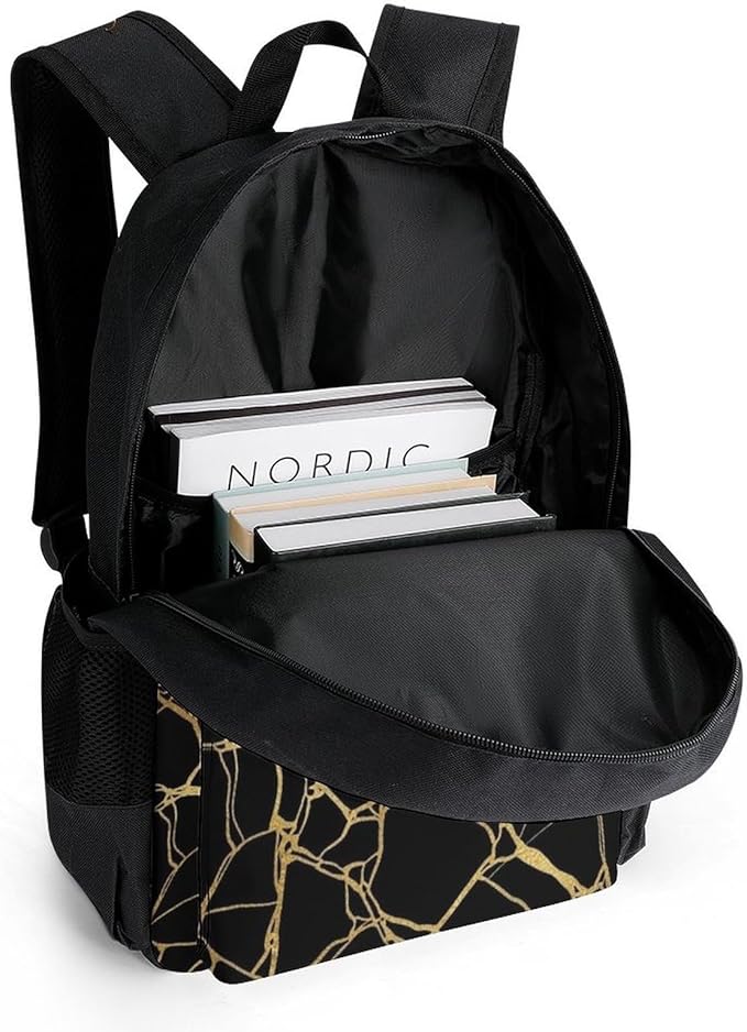 Supdreamc Lightweight Rucksack for Sports Travel Running, Big Capacity Multipurpose Anti-Theft Bookbag, Gold Black Marble Texture Travel and Sport Backpack Rucksack