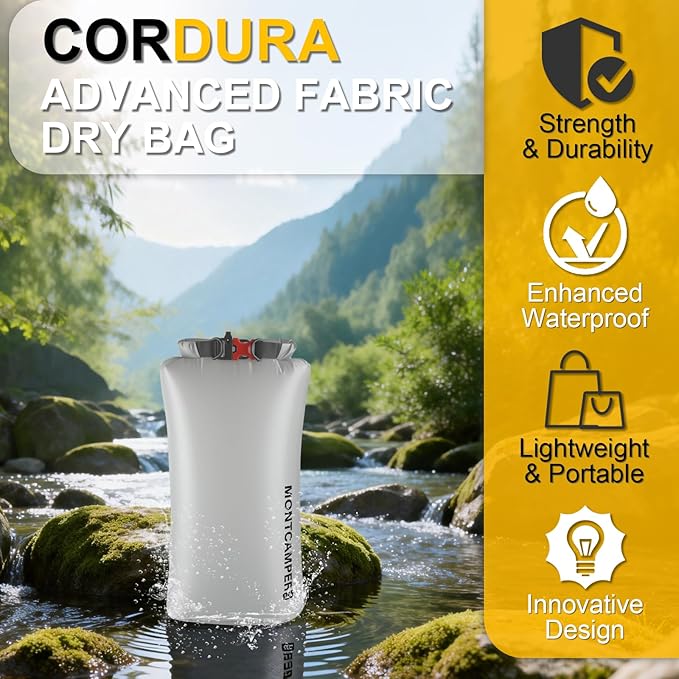 CORDURA Waterproof Dry Bag 10L – Heavy Duty IPX6 Roll Top Sack with Survival Whistle for Kayaking, Camping, Boating, Beach – Lightweight Dry Backpack (Gray)