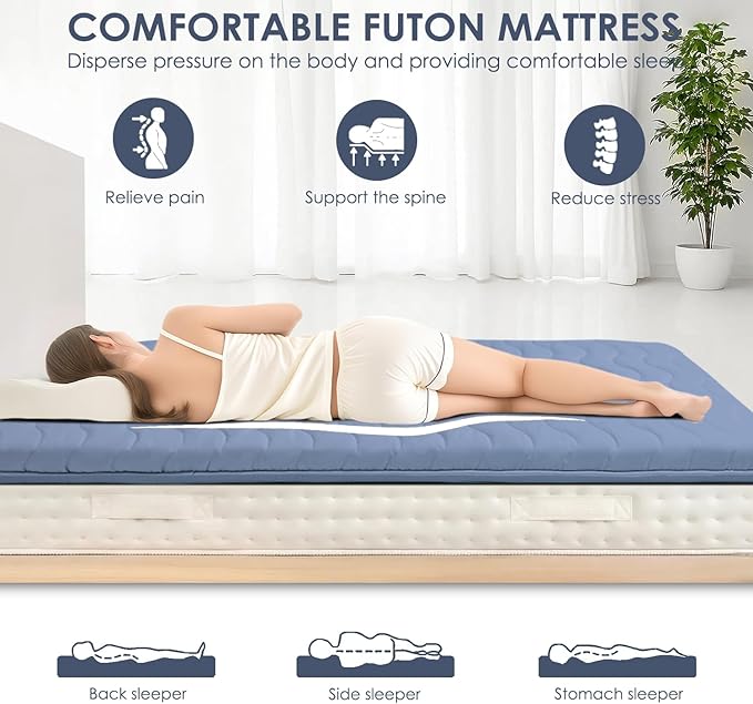 Japanese Floor Mattress, 100% High Density Comfortable Foam, 4" Thicken Foldable Mattress Tatami Mat Sleeping Pad, Ideal for Comfort and Support, Kids Floor Lounger Pillow Bed Sofa, Blue, Full