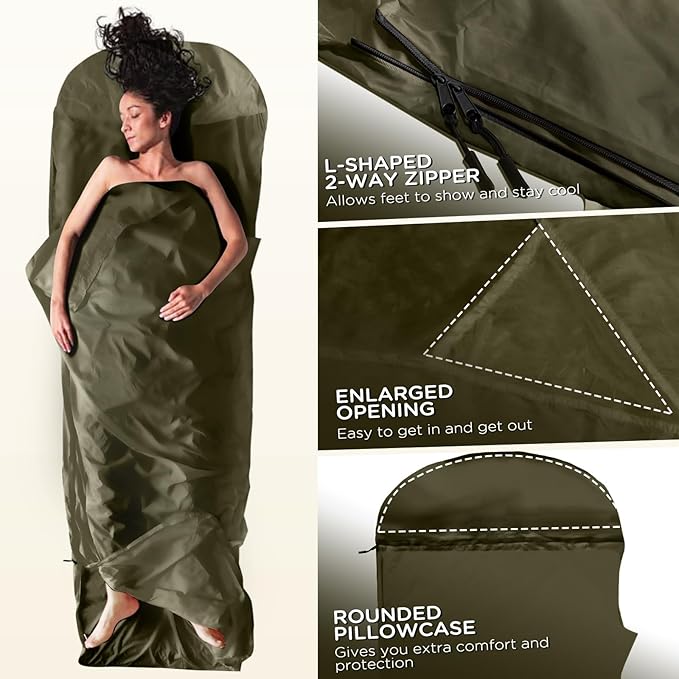 Ultralight Sleeping Bag Liner - 5.3 oz Washable Adult Sleep Sack & Travel Sheets, Self Tan Sleep Sack with Two-Way-Zipper, for Backpacking, Hotel, Camping, Travel