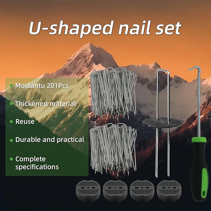 201Pcs 6 Inch 11 Gauge Garden Stakes Staples Kit, 100Pcs U-Shaped Landscape Staples and 100Pcs Fixing Gasket with 1Pc Pick Hook for Weed Barrier Fabric, Groud Cover, Holding Fence