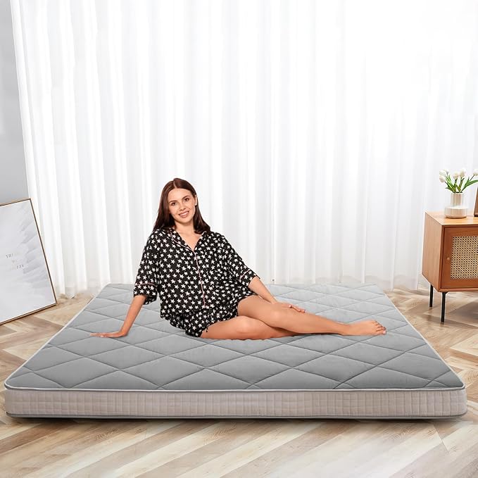 SUNYRISY Japanese Floor Futon Mattress, Roll Up Sleeping Tatami Mat Floor Lounger Guest Bed, Portable and Foldable Camping Mattress, Beige Queen