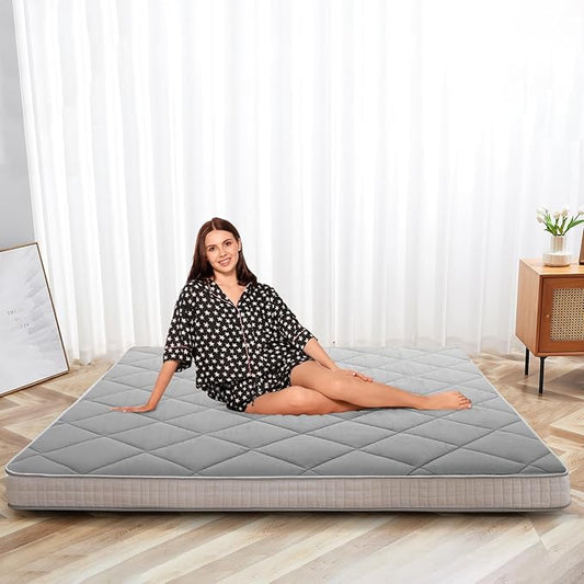 SUNYRISY Japanese Floor Futon Mattress, Roll Up Sleeping Tatami Mat Floor Lounger Guest Bed, Portable and Foldable Camping Mattress, Beige Queen
