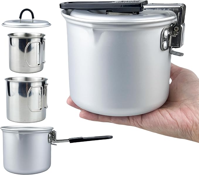 Foldable Camping Pot and Camping Mugs 3Pcs Set Camping Cookware Mess Kit for Backpacking Gear 750ml Pot and 550ml/350ml Cup Lightweight Folding Cooking Set Camping Coffee Pot