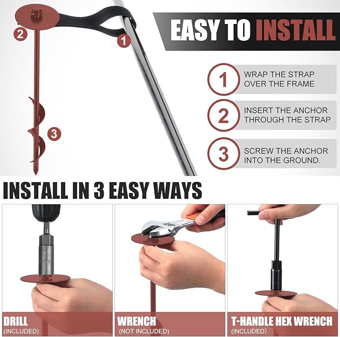 LEIFIDE 6 Set 12'' Brown Trampoline Stakes Ground Anchors Screw in Heavy Duty Trampoline Parts Spiral Stakes Earth Auger for Tents Canopies Swing Set Shed with Belt Straps