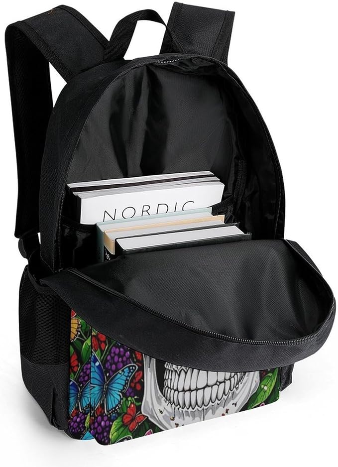 Men Women Lightweight Magic Mushrooms Skull Psychedelic Butterfly Art Casual Daypack Large Capacity Bookbag With Adjustable Shoulder Straps for Gym Business Bicycle