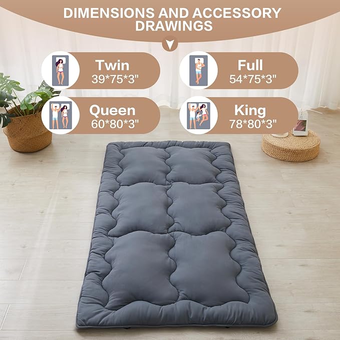 SAPHREAS Japanese Futon Mattress Floor Mattress Twin, Foldable Roll Up Bed Mattress Topper with Elastic Straps, Tatami Mat Sleeping Pad for Camping, Grey