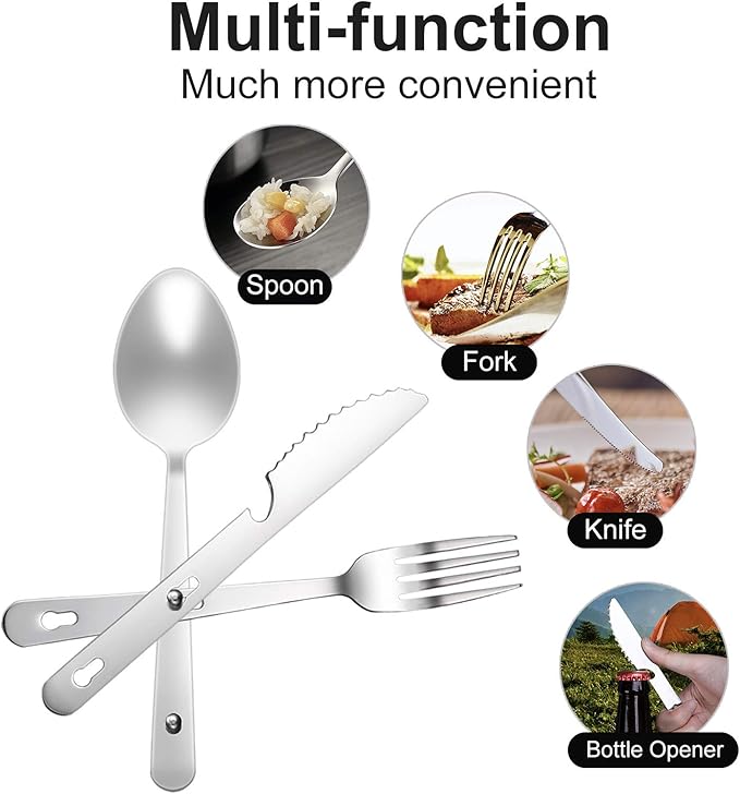 KINLINK 4-in-1 Camping Utensils 3-Pack, Portable Stainless Steel Spoon, Fork, Knife & Bottle Opener Combo Set, Travel/Camping/Hiking/Picnic/Barbecue/Outdoor Backpacking Utensils with Carrying Bag
