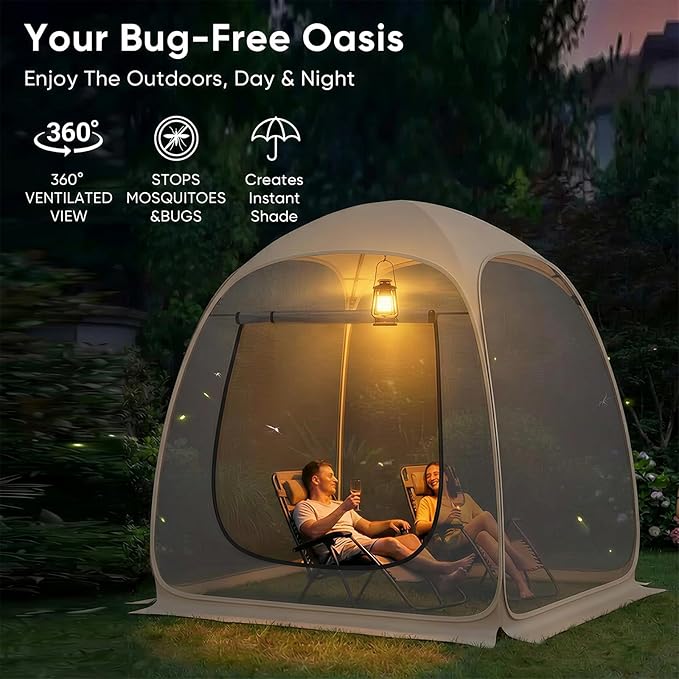 TABU Pop Up Screen House Tent, 6x6 FT Screen Room Canopy with Mosquito Mesh, Instant UV Resistant Shelter with Carry Bag, for 2-4 Person, Beige
