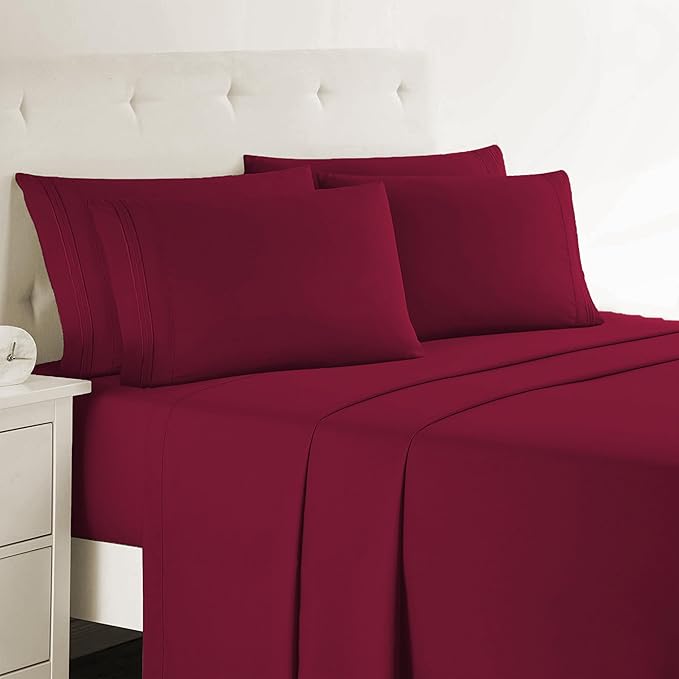 Clara Clark Cal King Sheets, 6 Piece Set - Hotel Luxury Sheets for Cal King Size Bed, Super Soft Bedding Set, Cal King Size, Burgundy Red