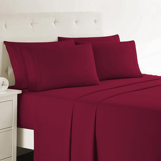 Clara Clark Cal King Sheets, 6 Piece Set - Hotel Luxury Sheets for Cal King Size Bed, Super Soft Bedding Set, Cal King Size, Burgundy Red