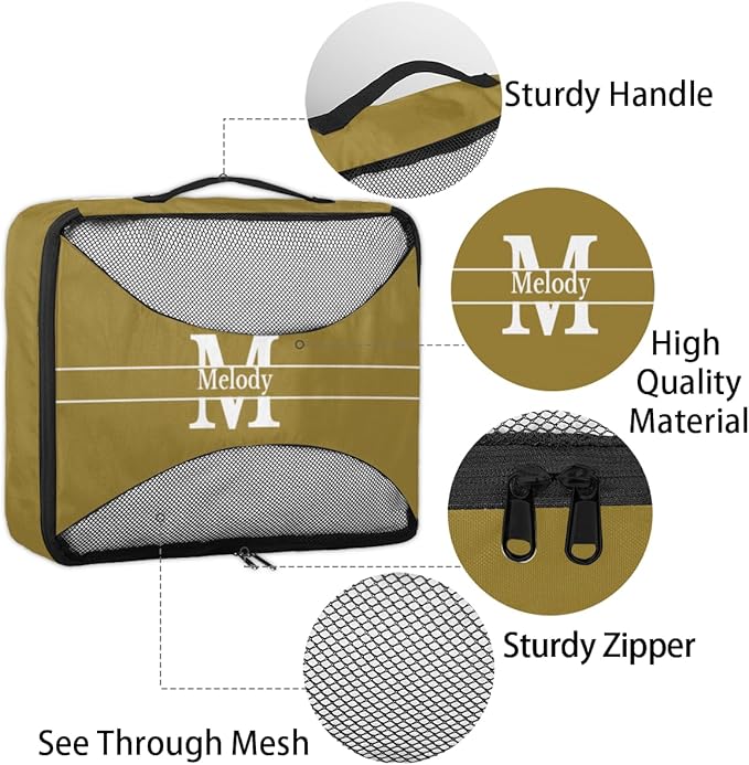 Personalized Compression Packing Cubes with Name, 4 Set Mesh Travel Organizer Bags for Carry on Women Men Boys, Luggage, Suitcase, Olive Green with Initial Letter