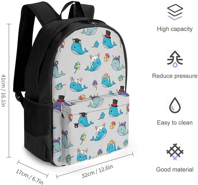 Rucksack Anti-Theft Multipurpose Big Capacity Carry On Bag, Narwhals With Hats Traveling Camping Backpack With Side Pockets