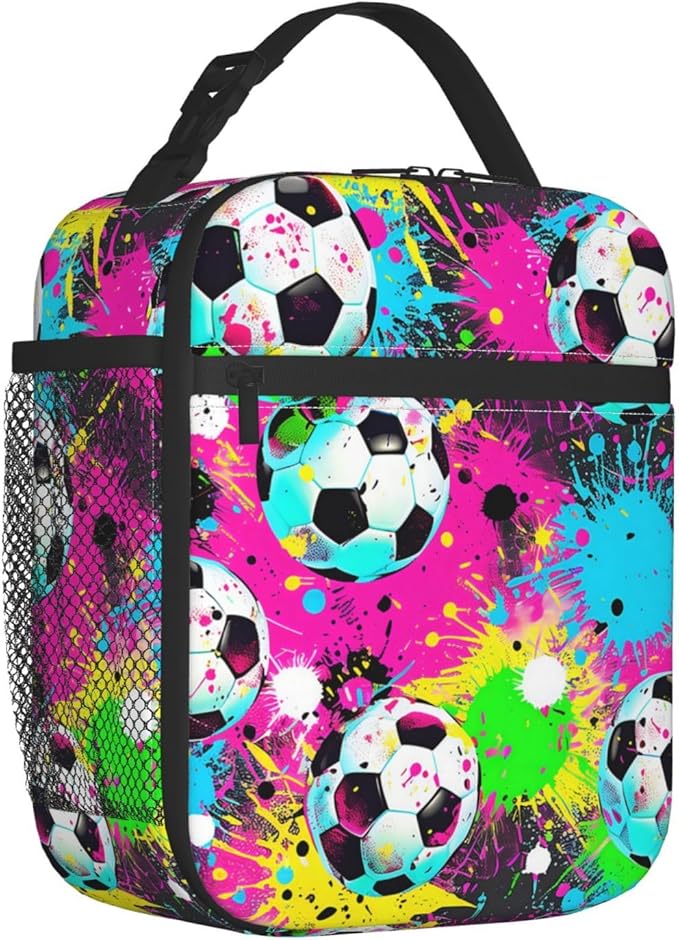 Reusable Soccer Lunch Box for Kids Girls Boys Women Adult, Insulated Sport Ball Lunch Bag,Polyester Cooler Gaming Handbags Case for School Picnic Work Travel Beach or Hiking (Colorful)